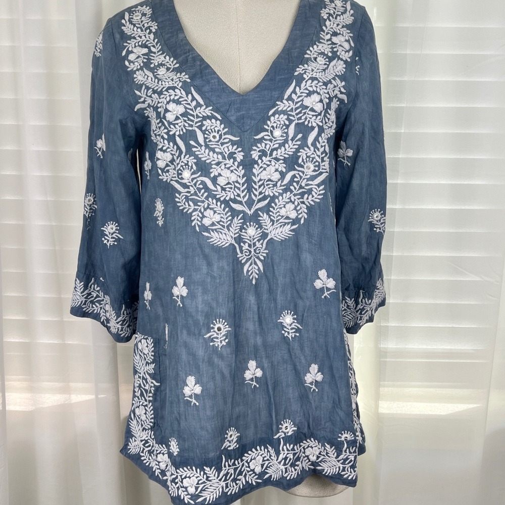 Saks Fifth Ave Embroidered Tunic Top Women S Linen‎ Blue Boho  Coastal Vacation